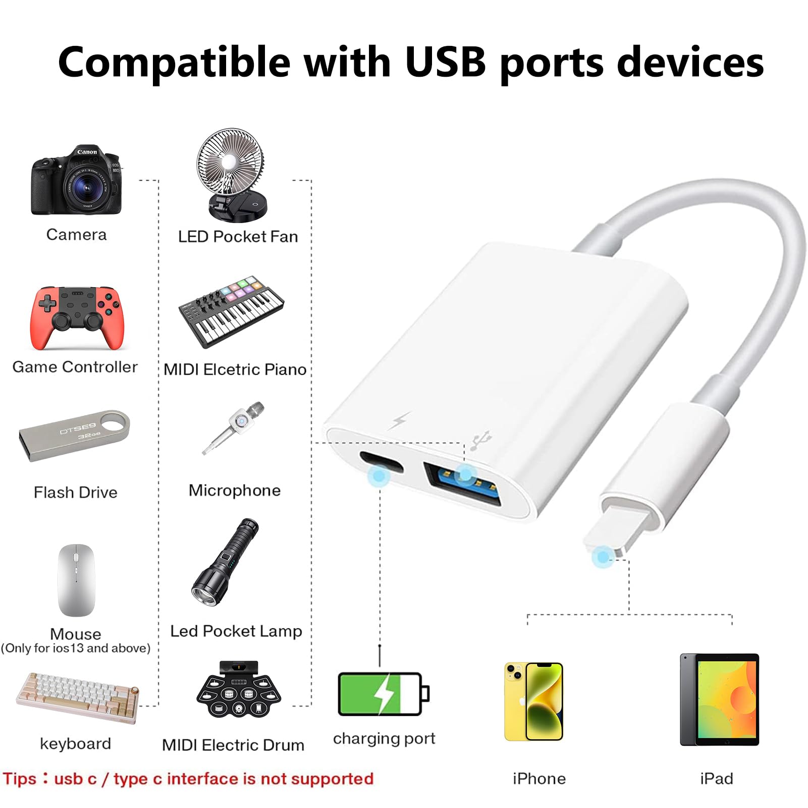 Lightning To Usb Camera Adapter With Charging Port For Iphone Portable Usb 3.0 Female Otg Cable For Ipad To Connect Card Reader